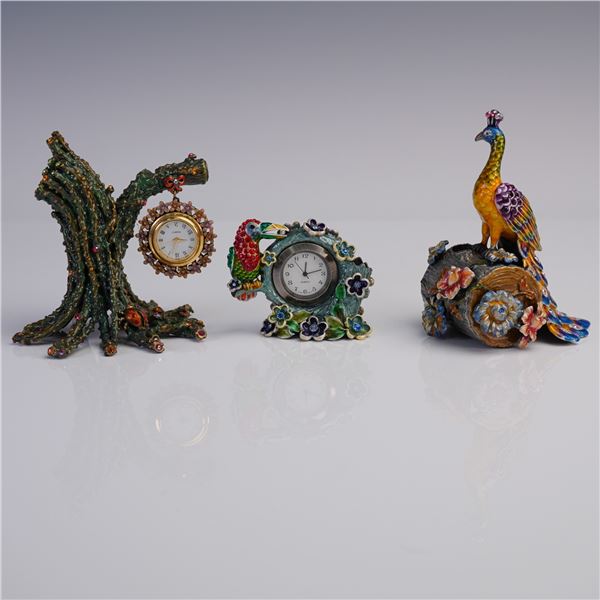 3pc Enameled Clocks with Toucan, Peacock & Tree Design