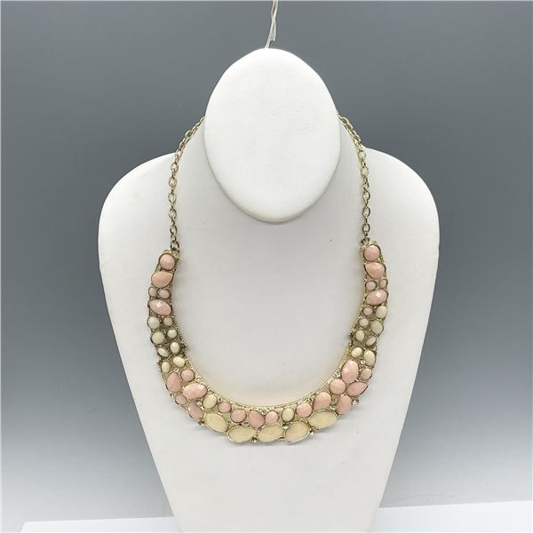 Pink and White Goldtone Cabochon Bib Necklace