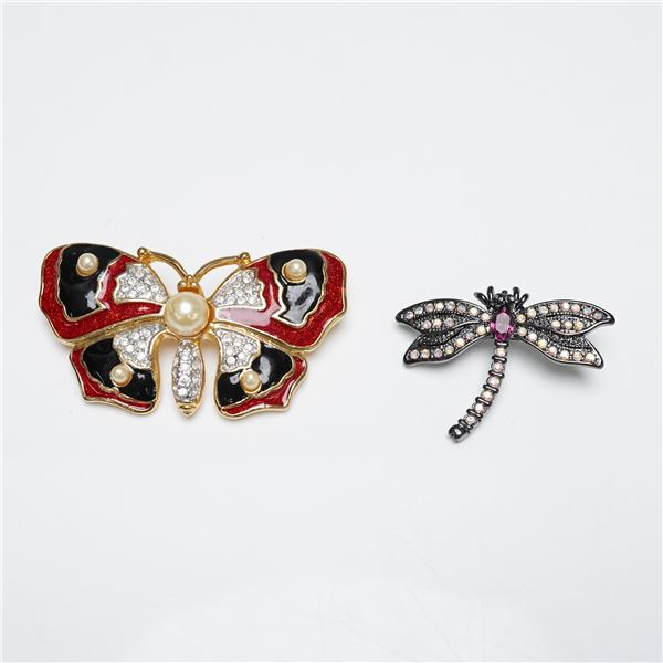 2pc Bejeweled and Enamel Winged Insect Brooches