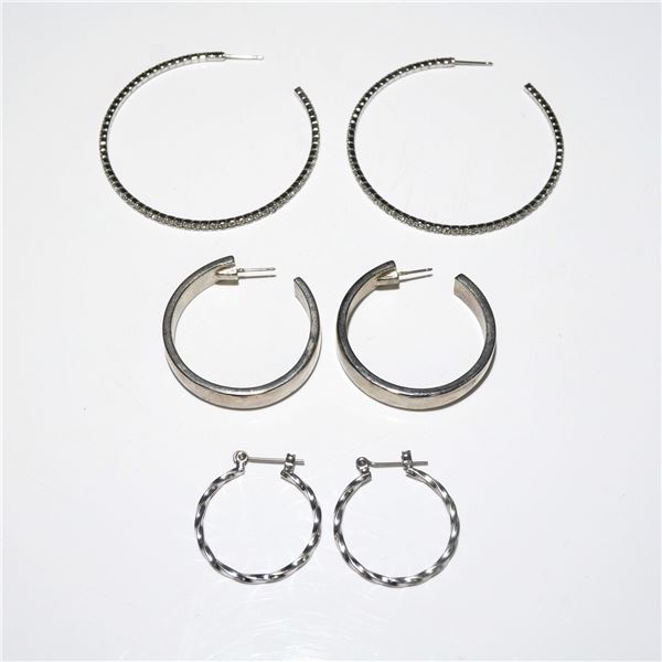 3 Pairs Silver Tone Hoop Earrings Including Rhinestone and Textured Styles