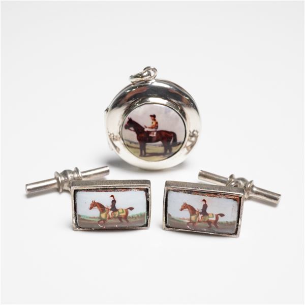 3pc Sterling Silver & Enamel Cufflinks and Locket