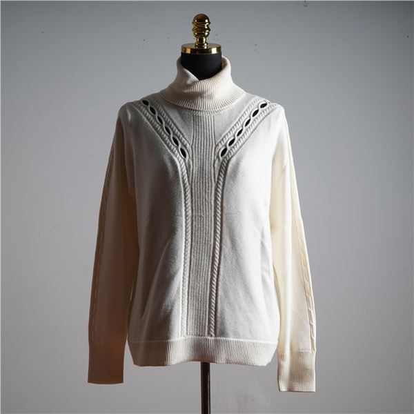 Tahari Cream Wool Turtleneck Sweater with Openwork Braiding