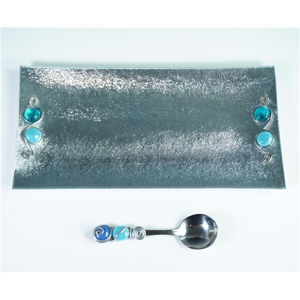 2pc Cabochon Embellished Spoon and Glass Tray Set