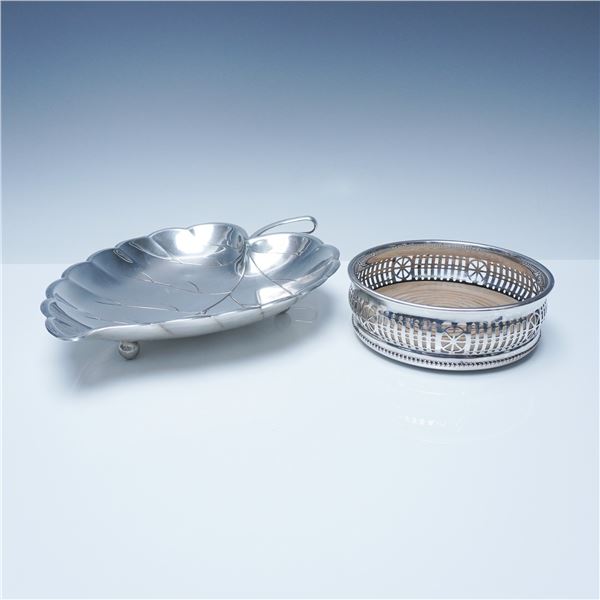 2pc Barker-Ellis Silverplate Wine Coaster and Leaf-Shaped Dish