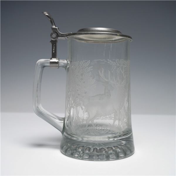 Alwe Glass Beer Stein, Deer Motif with Pewter Lid