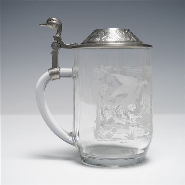 Etched Glass Beer Stein with Pewter Lid, Duck Finial