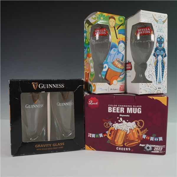 4pc Beer Glass Set, Guinness, Stella Artois, and Color Changing Mugs