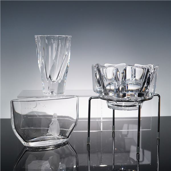 4pc Orrefors Crystal Vase, Etched Vase & Bowl with Stand