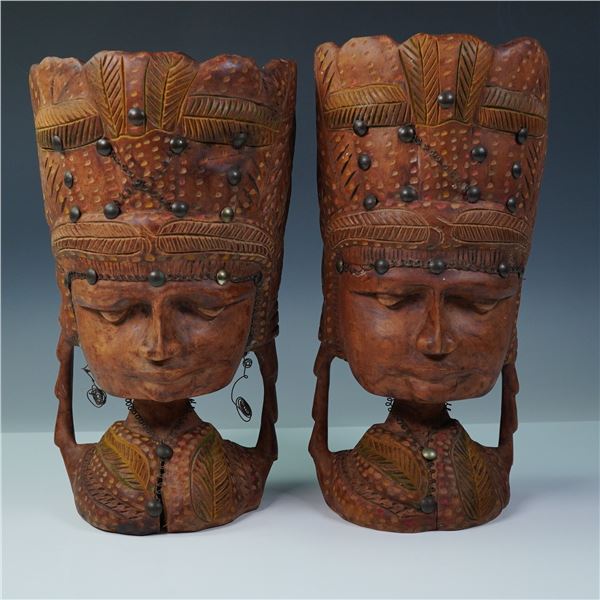 2pc Hand-Carved Wood Sculptures, Tribal Busts