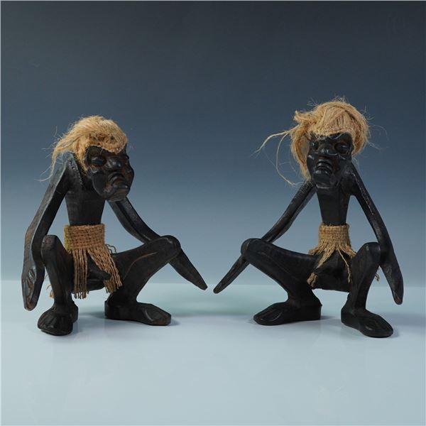 Pair of Southeast Asian Hardwood Crouching Men Figures