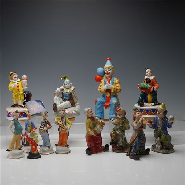 13pc Porcelain Clown Figurines and Music Boxes Collection