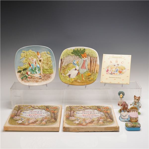 7pc Beswick Beatrix Potter Figurines (3), Plates (2), Tin & Book