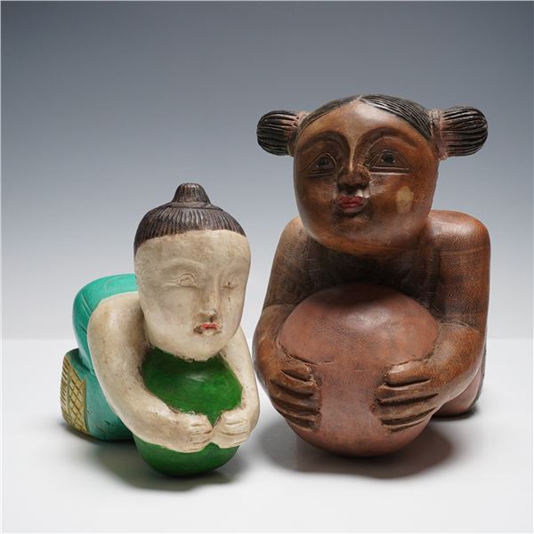 2pc Carved Wood Opium Pillow Babies