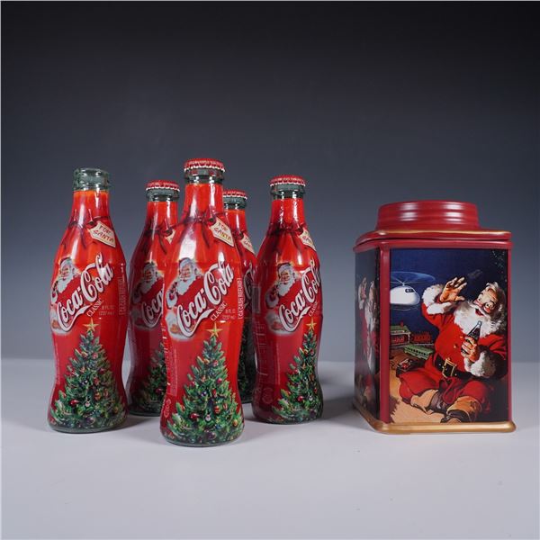 6pc Coca-Cola Christmas Bottles and Santa Canister