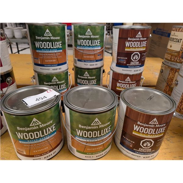 LOT: 9 GAL TEINTURE À BOIS BENJAMIN MOORE WOODLUXE ASST