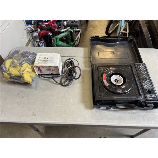PORTABLE GAS STOVE, SAFETY LANYARD AND BATTERY CHARGER