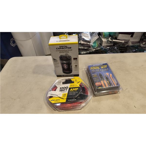 CAR AUDIO CAPACITOR, WIRING KIT AND CAR AUDIO TOOL KIT