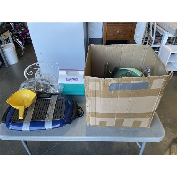 CANNING SUPPLIES, SMALL COOLER AND ELECTRIC GRILL
