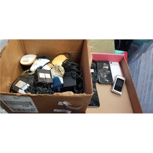 TRAY OF UNTESTED CELL PHONES AND BOX OF ASSORTED ELECTRONICS AND POWER ADAPTERS