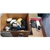 Image 1 : TRAY OF UNTESTED CELL PHONES AND BOX OF ASSORTED ELECTRONICS AND POWER ADAPTERS
