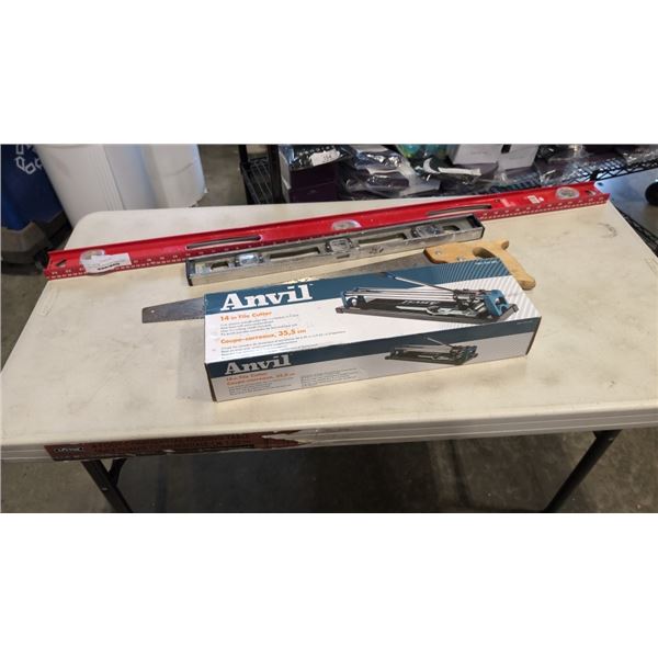 CRAFTSMAN AND MASTERCRAFT LEVELS, HAND SAW AND ANVIL 14 INCH TILE CUTTER