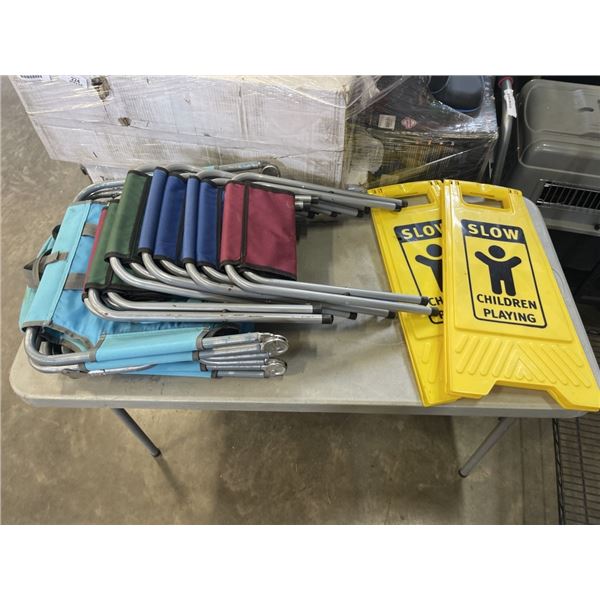 4 FOLDING CAMP STOOLS AND 2 FOLDING BEACH CHAIRS, AND 2 WET FLOOR SIGNS