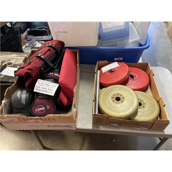 TWO BOXES OF FREE WEIGHTS AND SPORTING GOODS