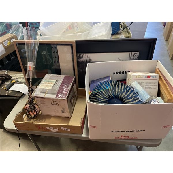BOX AND TRAY OF ASSORTED HOUSEHOLD ITEMS AND TWO FRAMEDPRINTS/ARTWORK