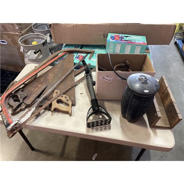 LOT OF HAND SAWS, MITRE BOX AND ANTIQUE DRILLS