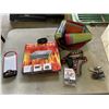 Image 1 : BOX OF CAMPING ITEMS, NEW CUPS, PLATES, BBQ, AND PROPANE STOVE