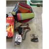 Image 2 : BOX OF CAMPING ITEMS, NEW CUPS, PLATES, BBQ, AND PROPANE STOVE