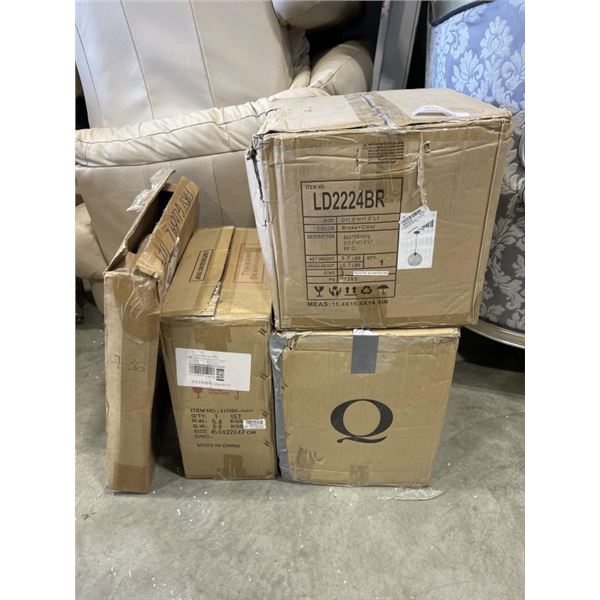 ASSORTED LIGHTING, HANGIN POENDANT LIGHT, OUTDOOR WALL PENDANT ETC, 4 BOX LOT