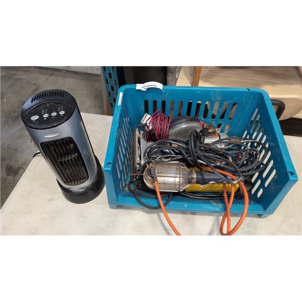 TABLE TOP FAN, POWER BAR AND EXTENSION CORD AND MORE