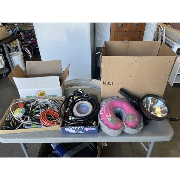 LARGE LOT OF ASSORTED TREBLE LIGHTS, ELECTRICAL, CONNECTORS, ROUTER AND MORE