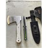 Image 2 : TWO KNIFE SHEATHS, TWO KNIVES WITH SHEATHS AND AXE