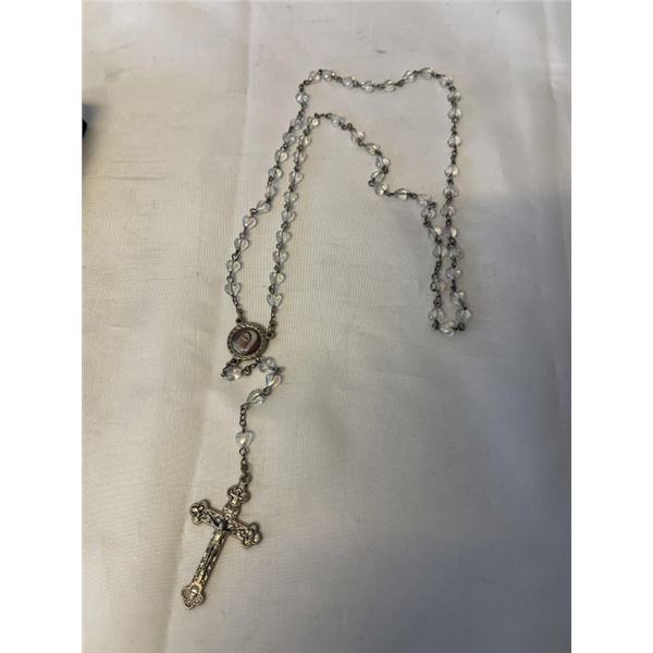 VINTAGE SILVER WITH HEART SHAPED OPAL OPALESQUE GLASS BEADS ROSARY