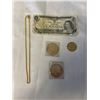 Image 1 : CANADIAN DOLLAR BILL, TORN, COLLECTOR COINS AND GOLD TONE NECLACE