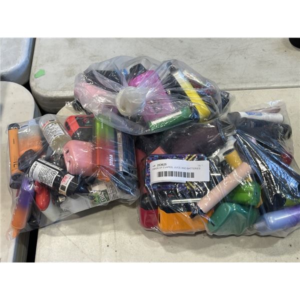 3 BAGS OF EVAPES, JUICE AND BATTERIES FOR E-VAPES