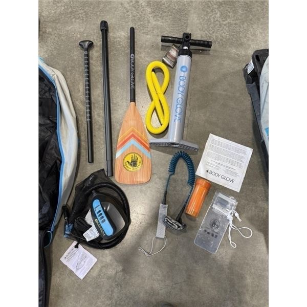 BODY GLOVE PADDLEBOARD BAG WITH ELECTRIC AND MANUAL PUMPS, PADDLE, LEASH, REPAIR KIT ETC