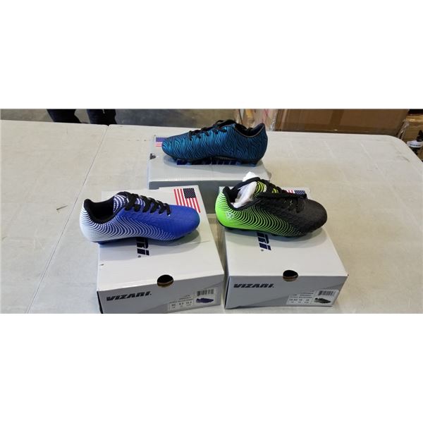 3 NEW PAIRS OF KIDS SOCCER CLEATS, SIZE 1.5Y, 10.5C AND 9C