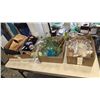 Image 1 : 3 BOXES OF ESTATE GLASS, SERVING ITEMS, CRYSTAL, LINENS AND LEATHER COWBOY BOOTS