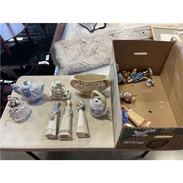 ASSORTED ANTIQUE COLLECTIBLES, SIGNED FIGURINES, TEAPOTS ETC