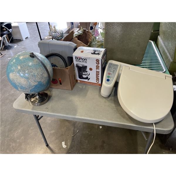 BOX OF TOOLS WITH WORLD GLOBE, COFFEE TO GO MAKER AND BIDET SEAT