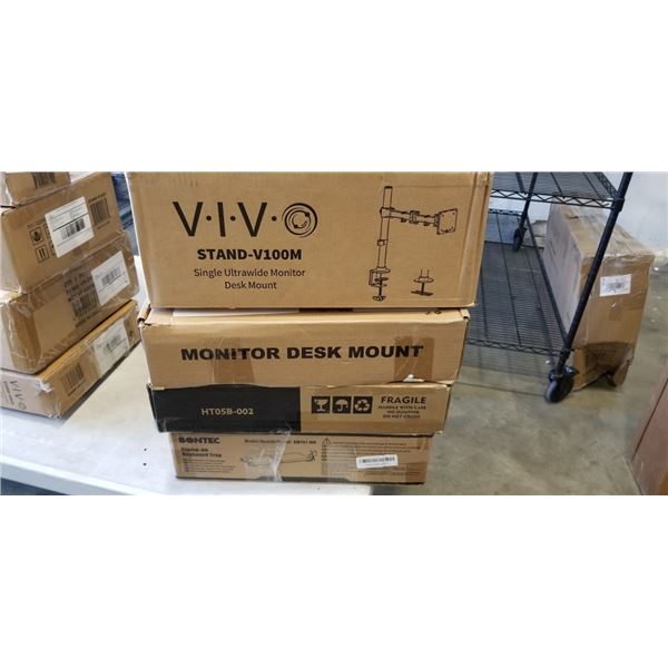 VIVO DUAL MONITOR PNEUMATIC DESK MOUNT, DUAL MONITOR DESK STAND, KEYBOARD TRAY AND SINGLE MONITOR DE