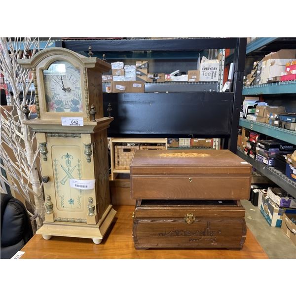 2 WOODEN JEWELRY BOXES AND QUARTZ CD RACK CLOCK