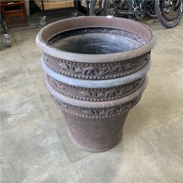 3 LARGE PLASTIC PLANTERS, 19 INCH TALL, 24 INCH DIAMETER
