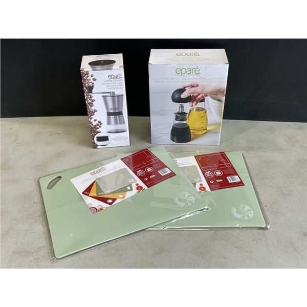 NEW EPARE OIL AND VINEGAR GLASS JAR SET, STAINLESS METAL COFFEE GRINDER, AND 2 3PC CUTTING BOARD SET