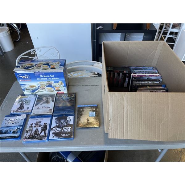 ASSORTED DVDS AND BLU RAYS, MOSTLY NEW SEALED, AND CONTAINER SET