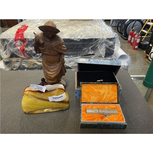 WOOD STATUE, DECORATIVE BOXES AND ART GLASS PURSE