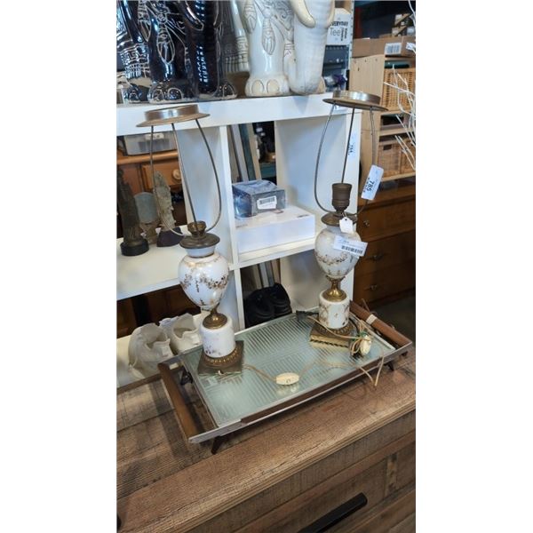 VINTAGE FOOD WARMER TRAY AND 2 TABLE LAMPS